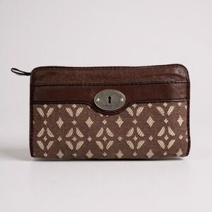 Y2K Fossil Key-Per Canvas Zip Around‎ Clutch Leather Designer Wallet Billfold